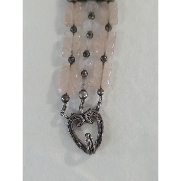 Rare Vintage Bracelet Sterling Silver 925 And Carved Rose Quartz Layered Beads - Picture 6 of 16